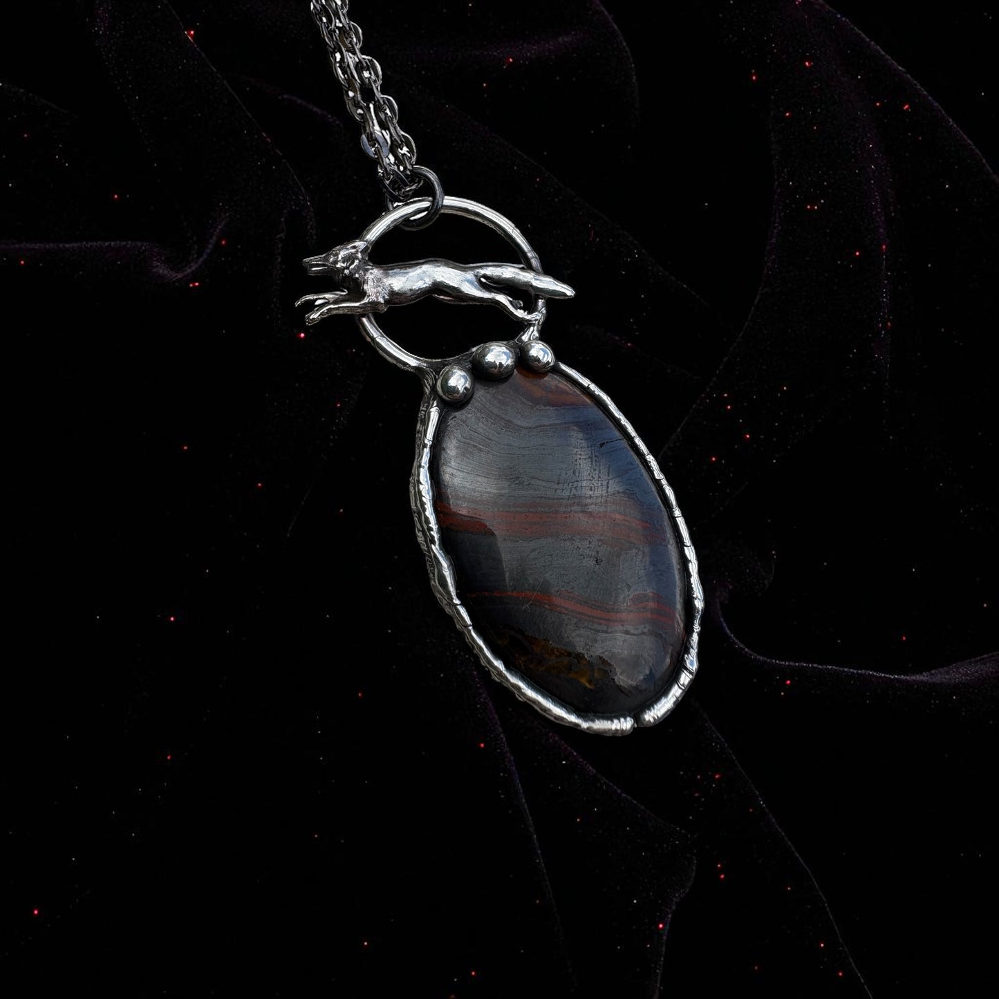 Foxfire– red tiger’s eye Necklace with Leaping Fox | Tiffany Technique