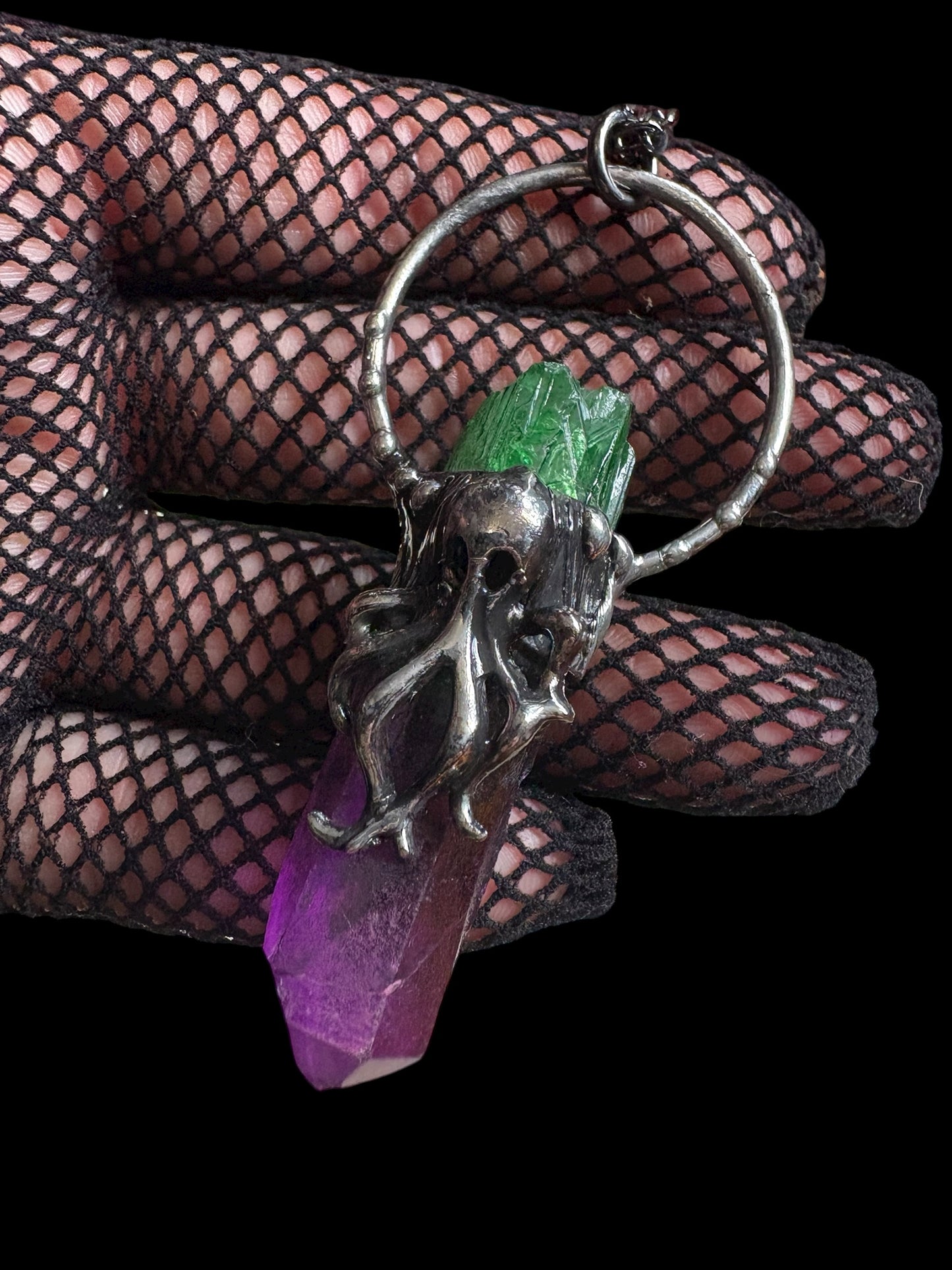 Lovecraft-ombré fushia and green sea creature Tiffany technique Crystal talisman necklace-