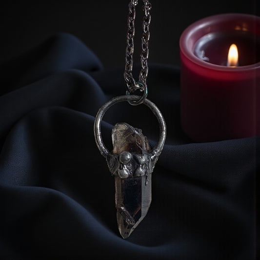 Handcrafted raw smoky quartz Tiffany Technique Talisman necklace~