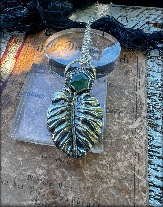 Monstera ~Hand crafted Sterling and fine silver Monstera leaf with rose cut green kyanite statement pendant necklace~