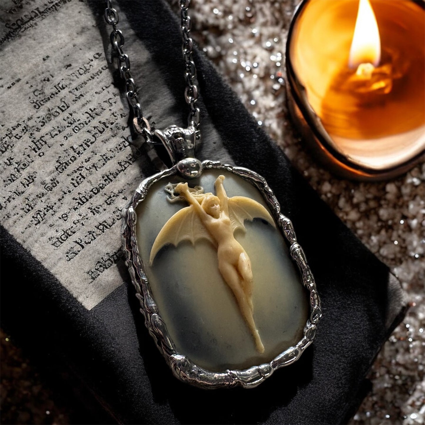 La Femme Chauve-Souris ~resin bat woman black & blue antiqued patina hand crafted Tiffany technique necklace~