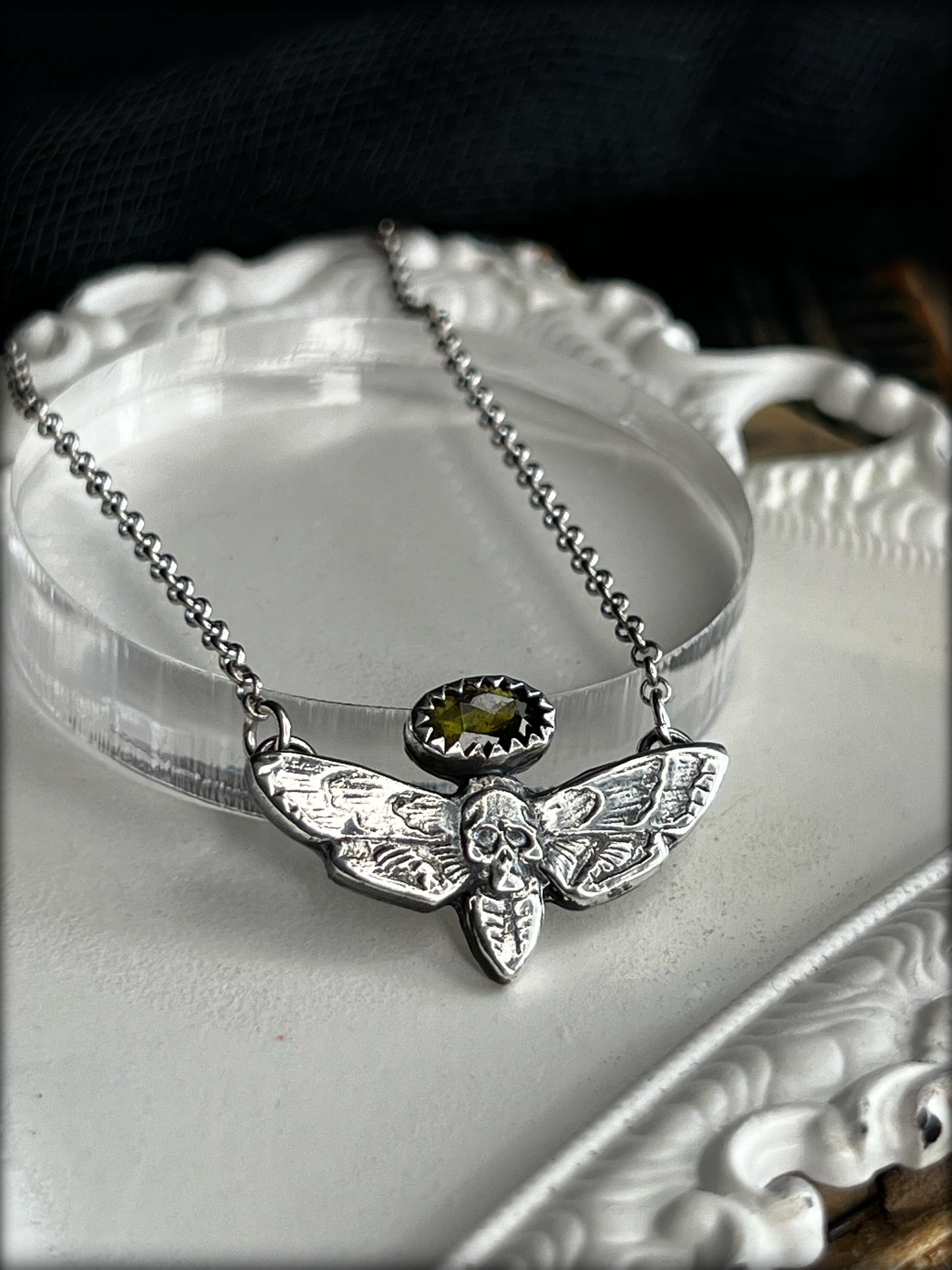 Death becomes her~Sterling silver rose cut green tourmaline deathhead moth layerng necklace~