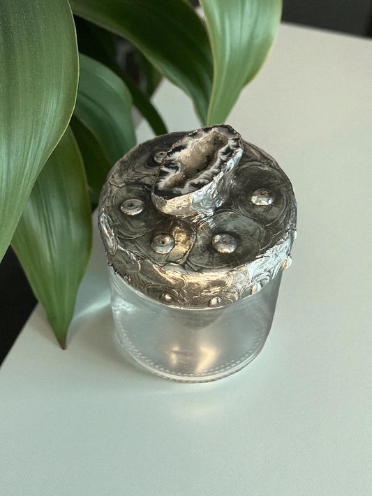 Stoned Alchemy High Priestess herbal jar with decorative geode lid clear glass bottom-