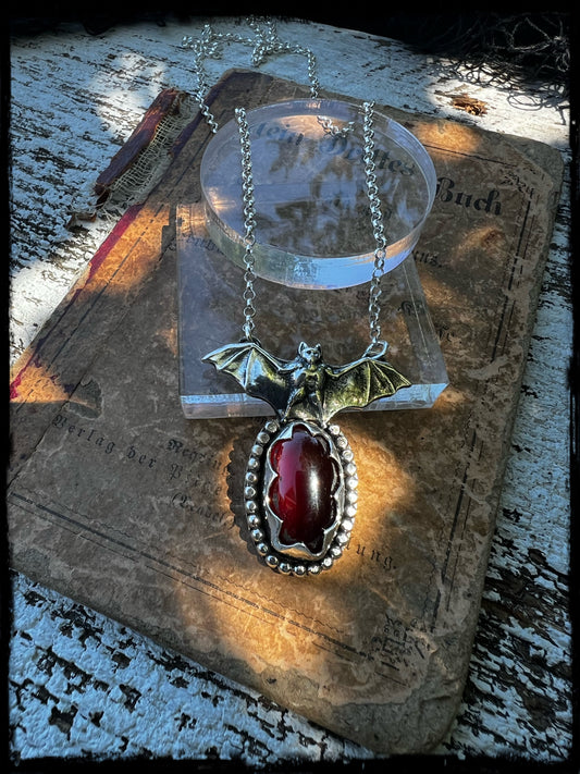 Night flyer~Hand crafted Sterling Bat & garnet pendant necklace~