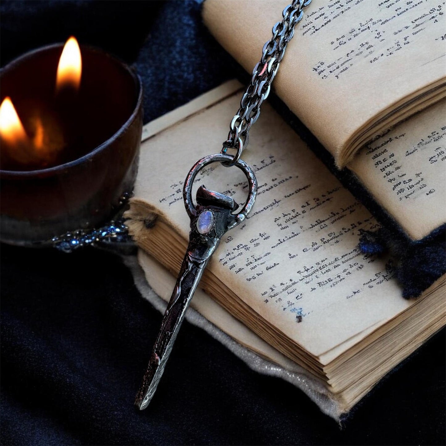 Hand crafted antique coffin nail Tiffany technique necklace with rainbow moonstone~