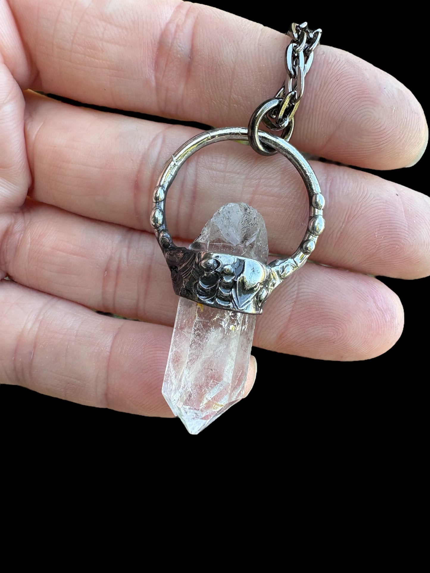 Handcrafted raw clear quartz Tiffany Technique Talisman necklace~