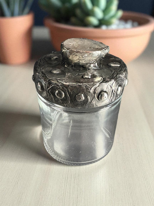 Stoned Alchemy High Priestess herbal jar with decorative geode lid clear glass bottom-