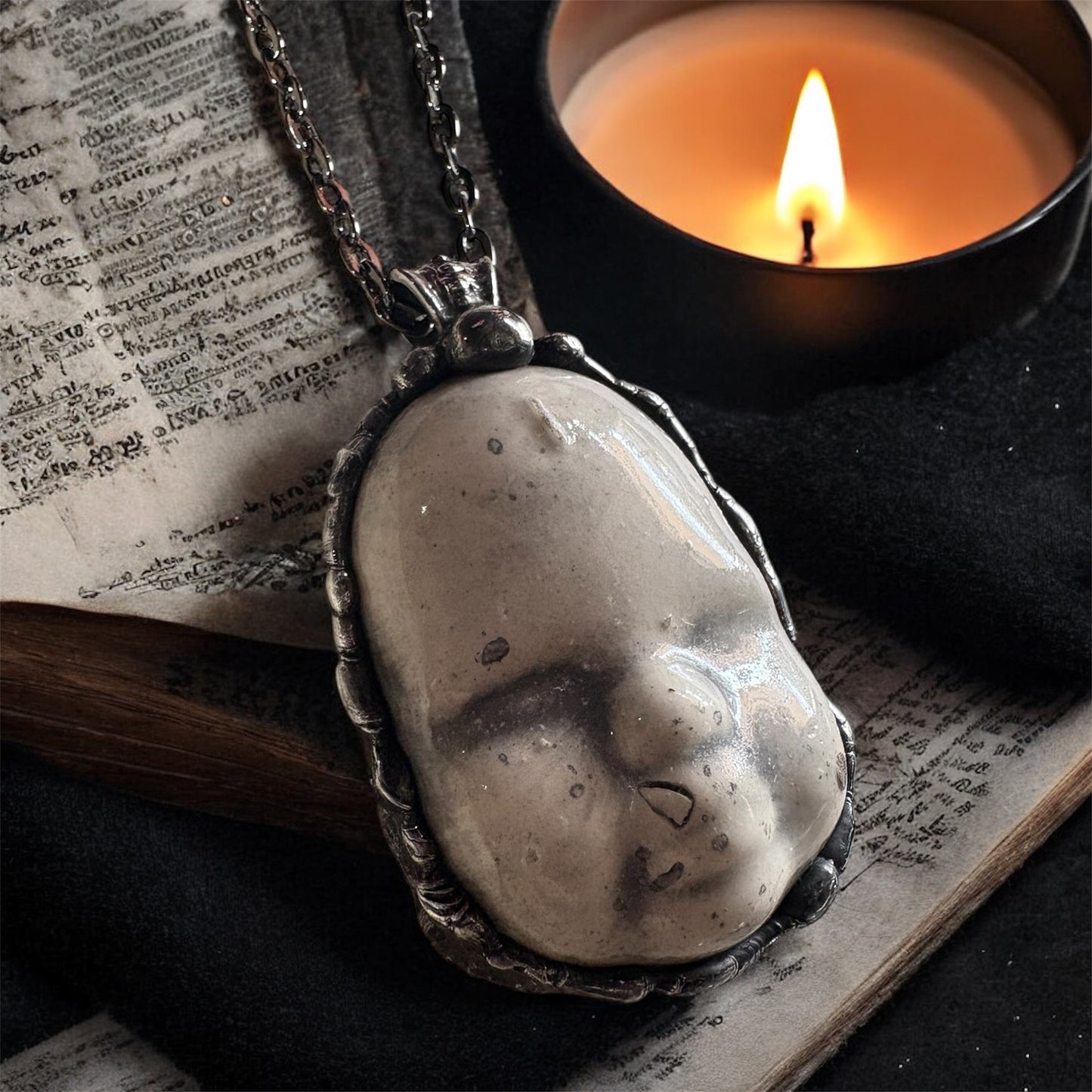 Baby creep~porcelain creepy baby doll face Tiffany technique necklace~