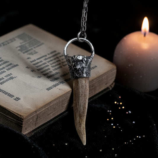 Brutalist style ~Hand crafted Tiffany technique naturally shed deer antler Talisman necklace~