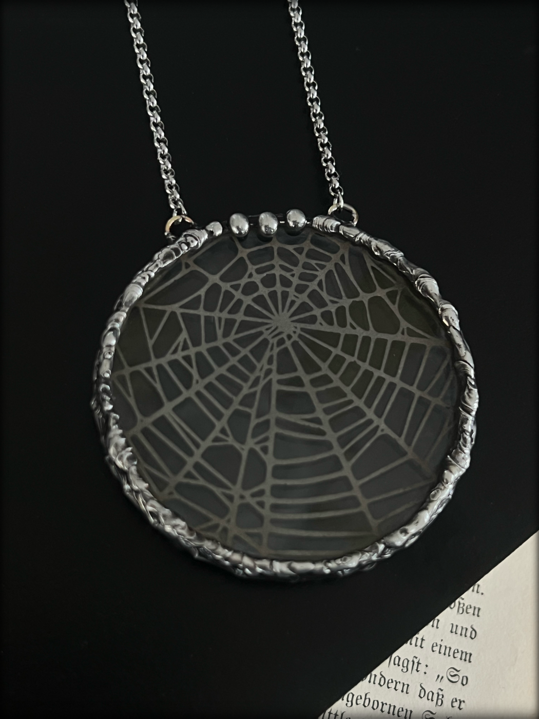 Handcrafted, Tiffany technique, uranium glass, spiderweb, etched statement necklace~