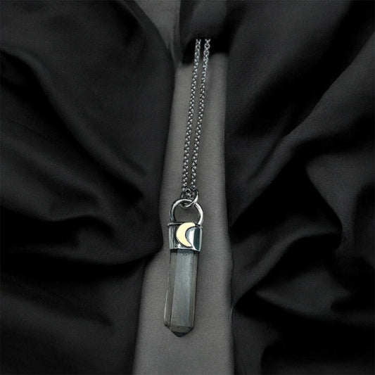 Moon in Shadow~hand crafted sterling in fine silver smoky quartz crystal copper crescent moon layering crystal necklace~