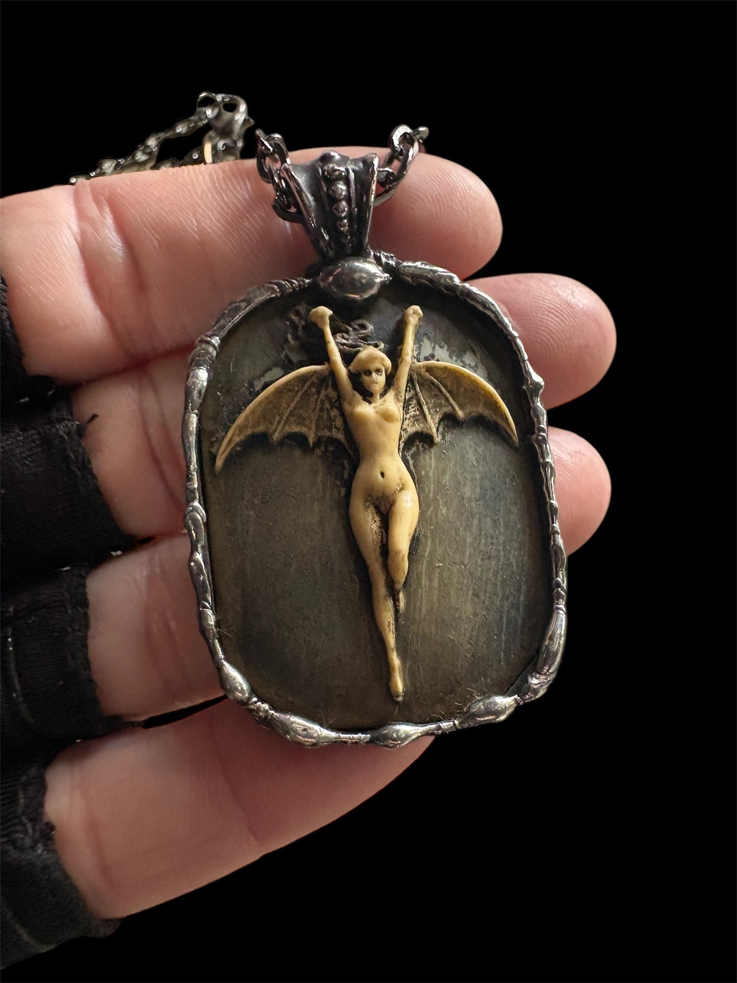 La Femme Chauve-Souris ~resin bat woman black & blue antiqued patina hand crafted Tiffany technique necklace~