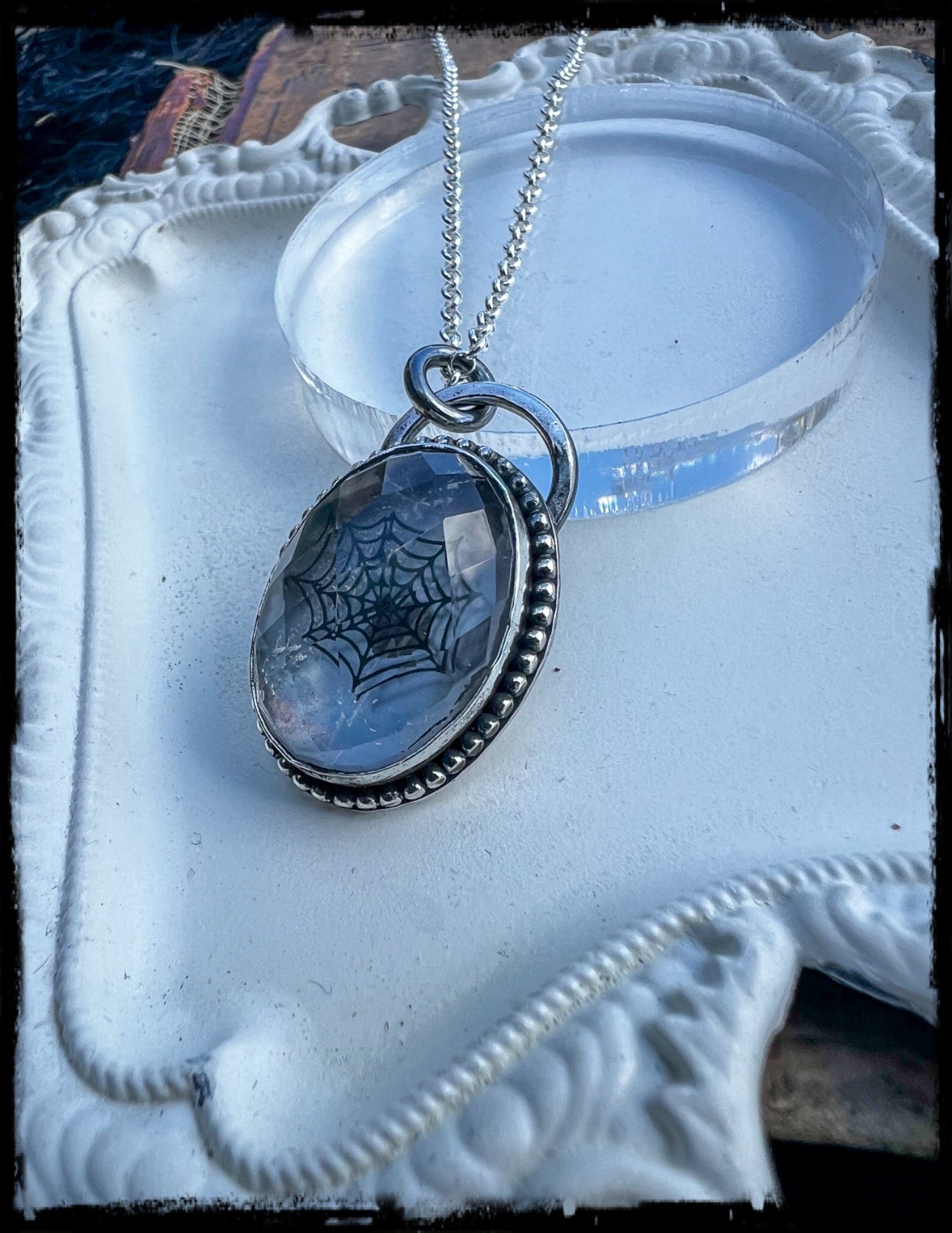 Handcrafted sterling and fine silver rose cut Himalayan quartz doublet with encased spiderweb etching pendant necklace ~