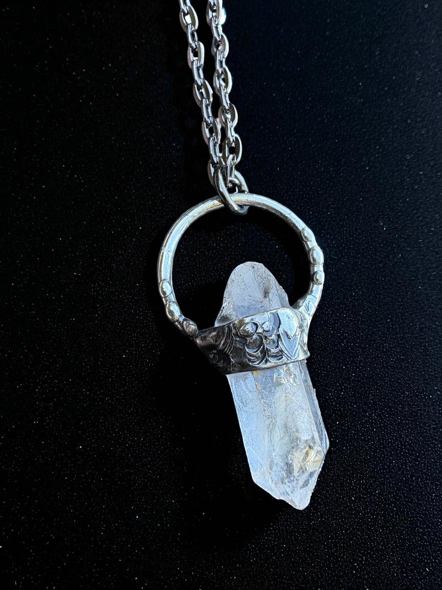 Handcrafted raw clear quartz Tiffany Technique Talisman necklace~