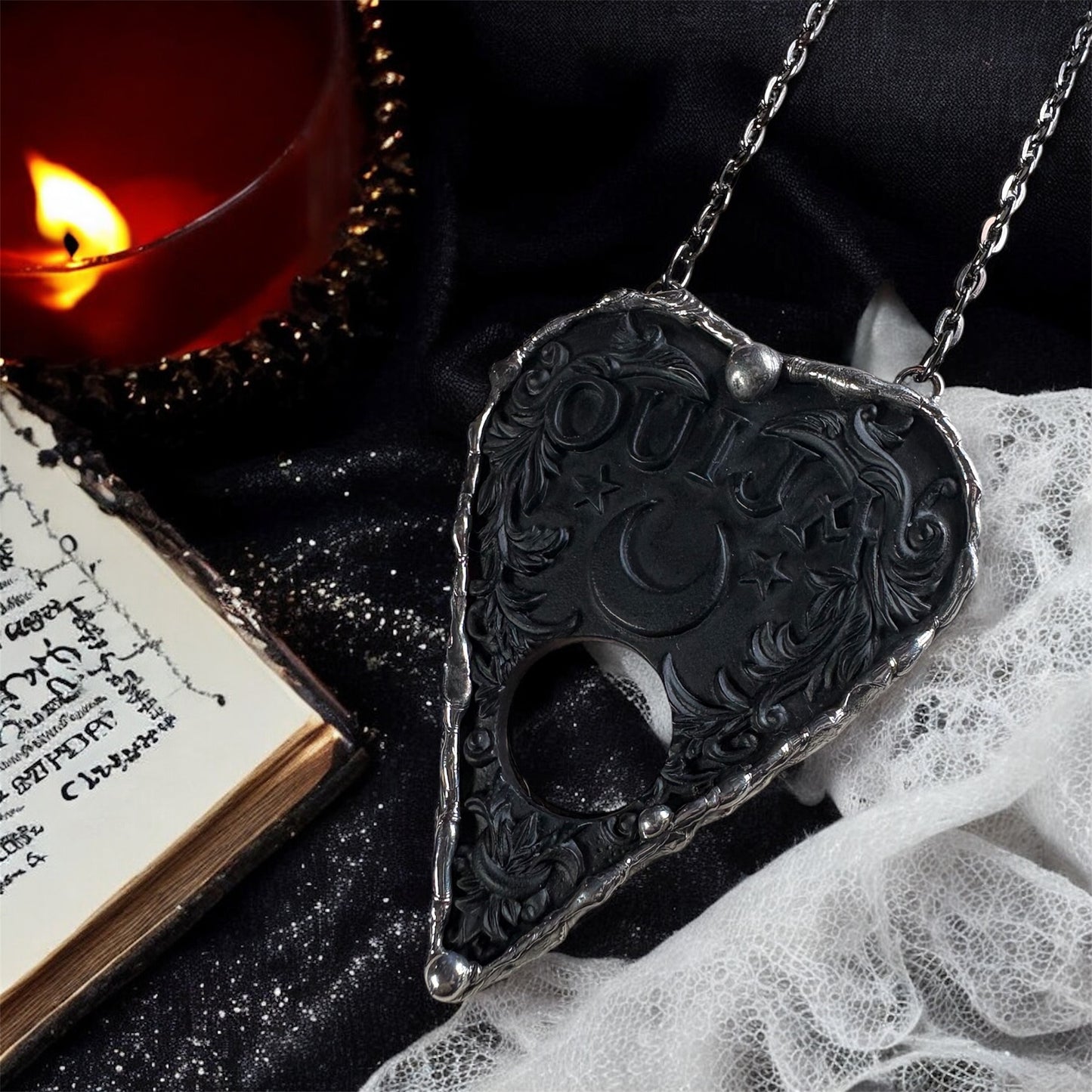 Oracle~Handcrafted resin Ouija board plancette Tiffany technique necklace~