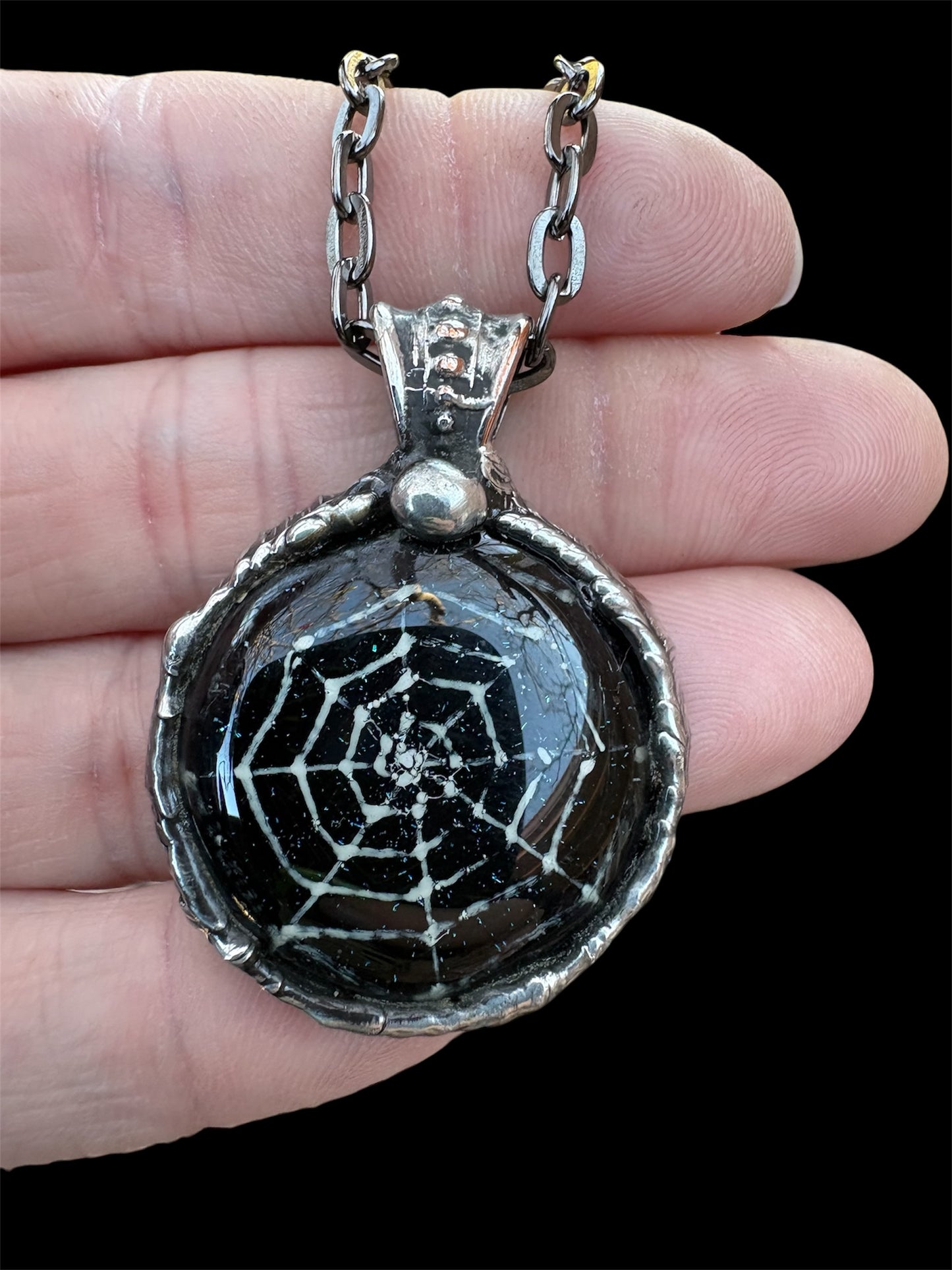 Handcrafted Tiffany technique Dichroic glass fused spiderweb necklace~