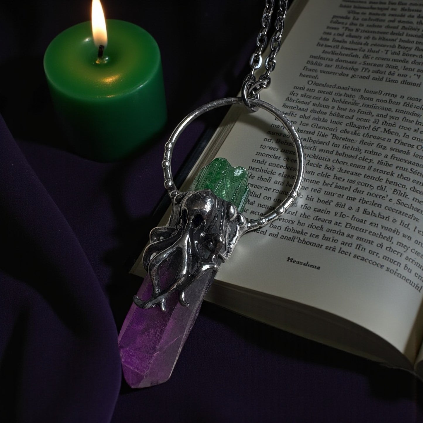 Lovecraft-ombré fushia and green sea creature Tiffany technique Crystal talisman necklace-