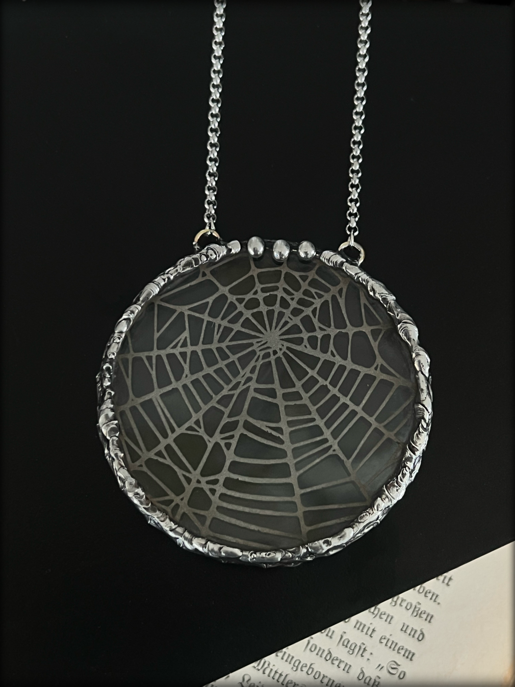 Handcrafted, Tiffany technique, uranium glass, spiderweb, etched statement necklace~