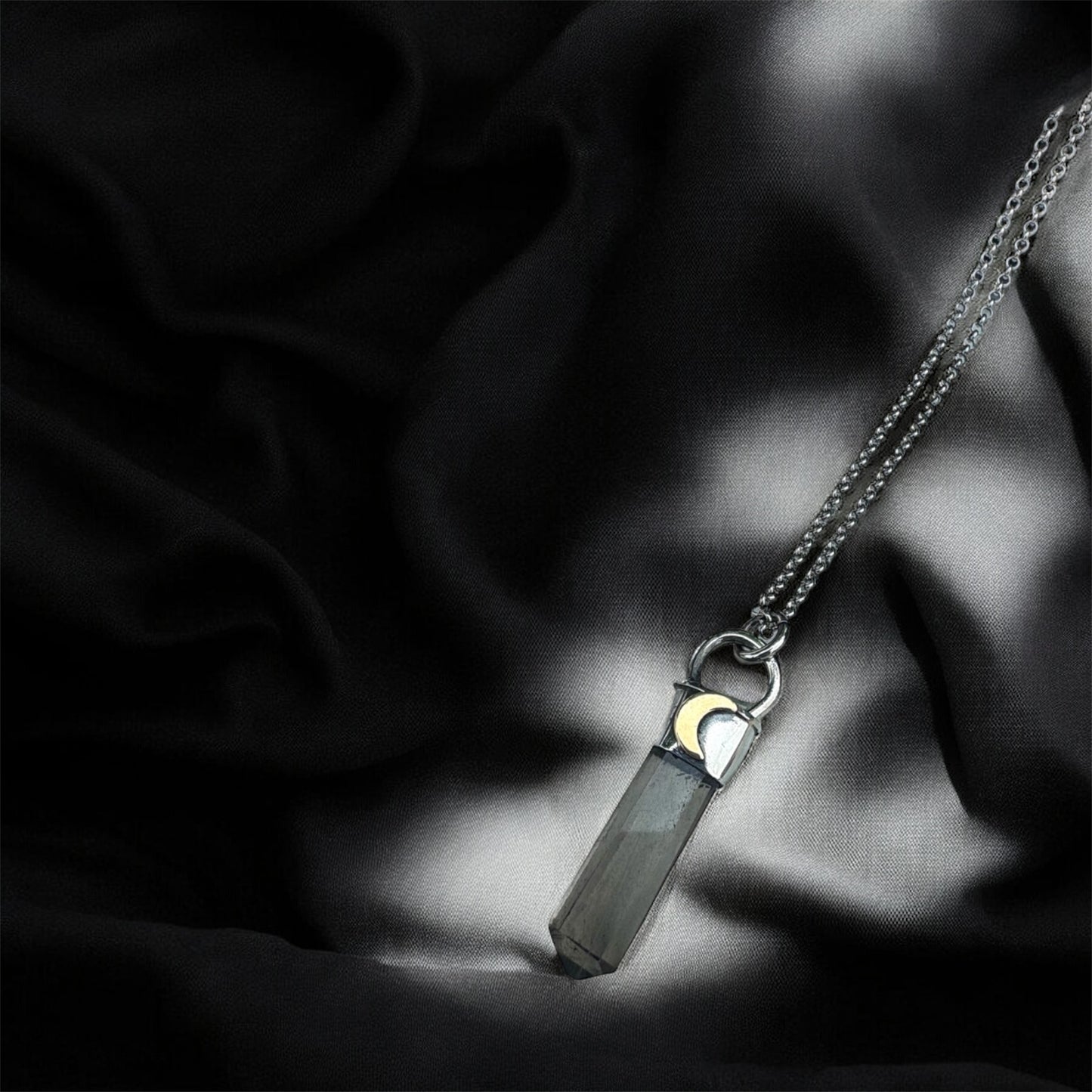 Moon in Shadow~hand crafted sterling in fine silver smoky quartz crystal copper crescent moon layering crystal necklace~