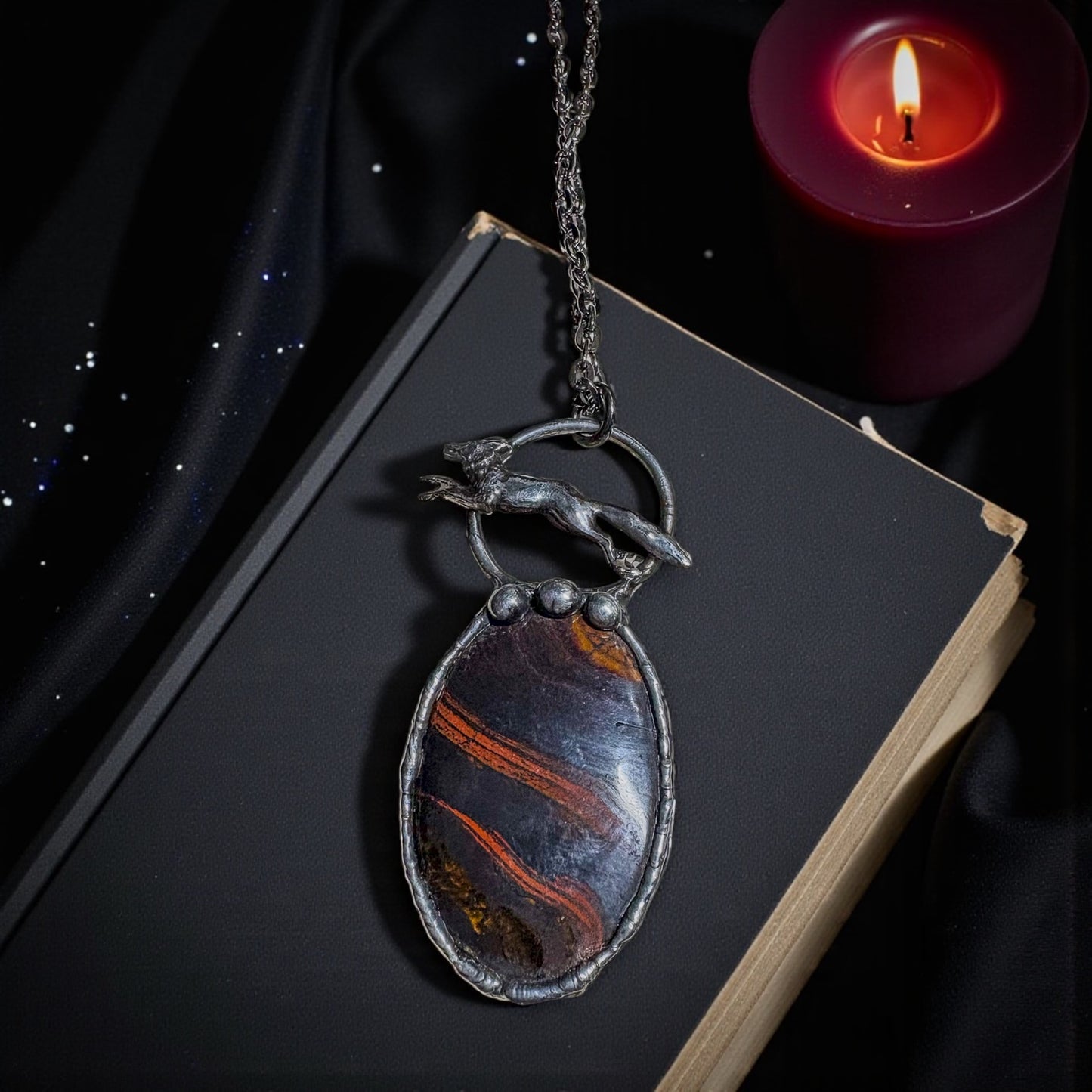 Kintsune~Moss agate fox Amulet statement necklace~