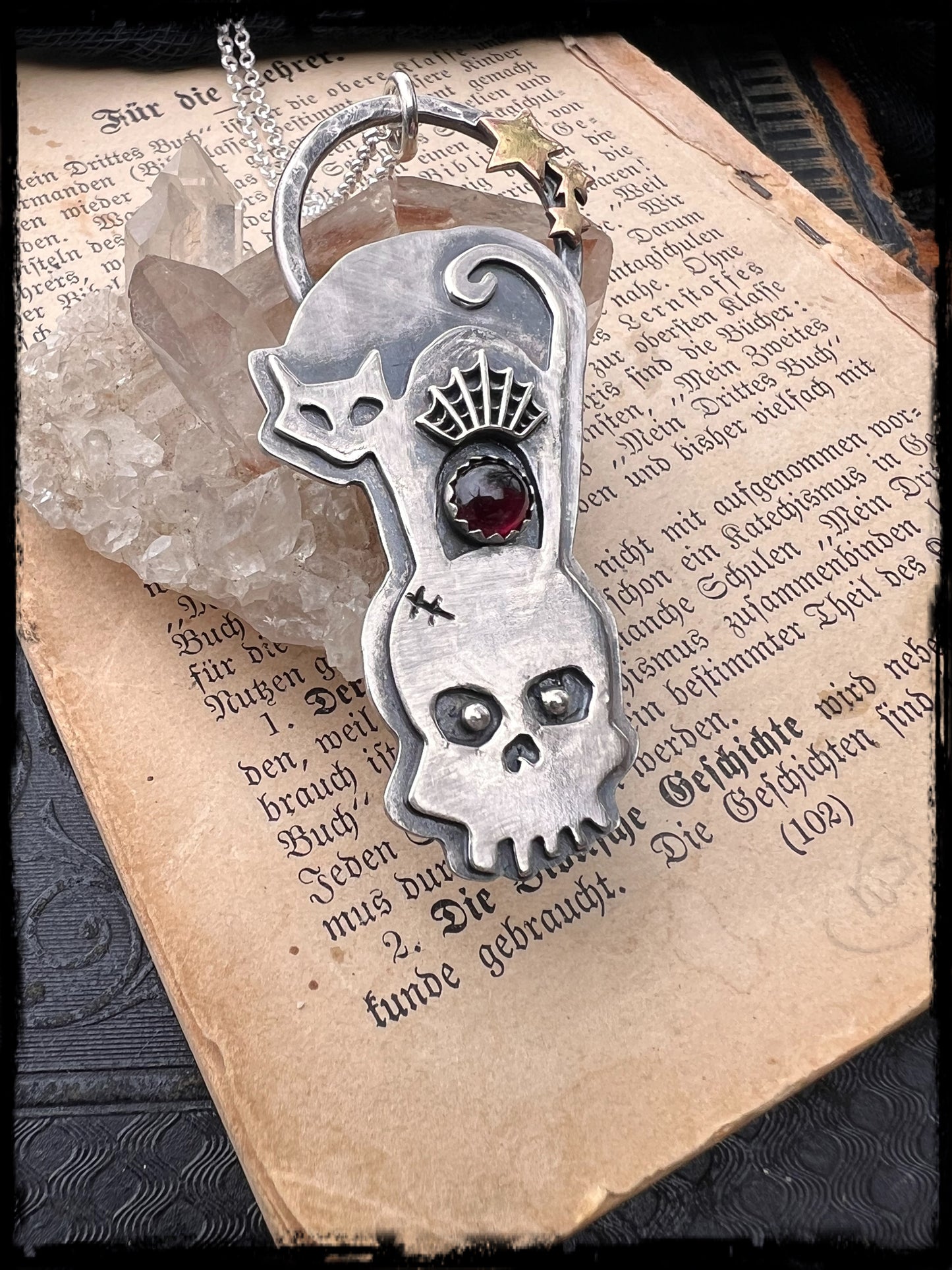 Scaredy-cat  ~Hand crafted Sterling silver cat & skull with spiderweb garnet statement necklace ~