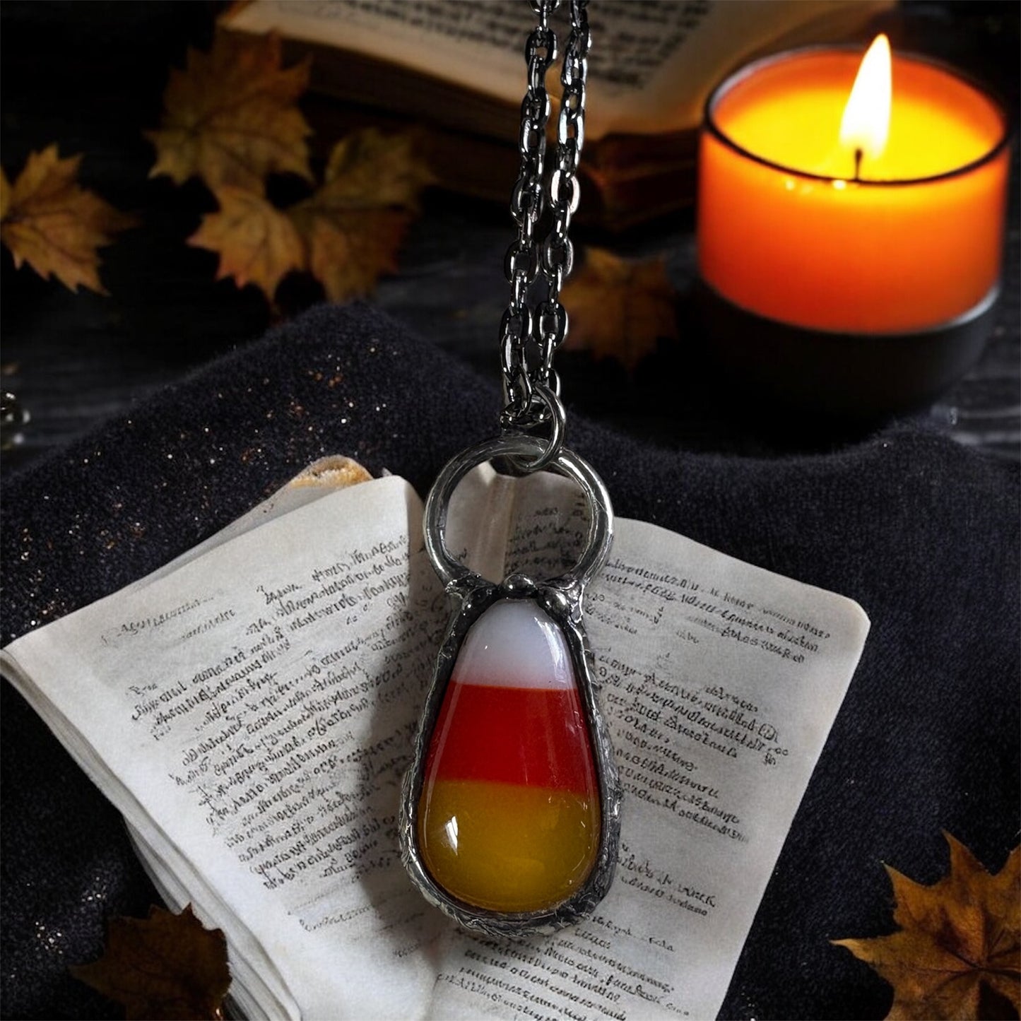 Trick or treat-Candy Corn Glass Talisman Necklace — Tiffany Technique Artisan Pendant
