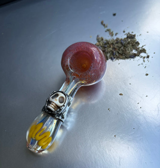 Stoned Alchemy -Ceremonial herb vessel(pipe)molten metal & howlite carved skull-