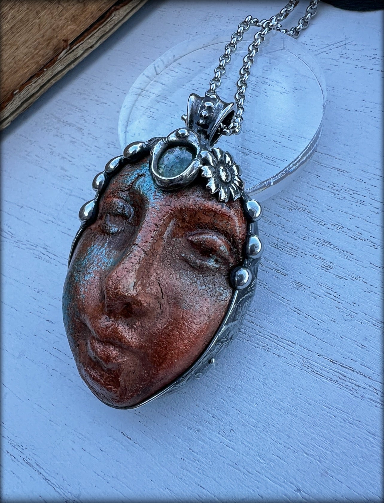 Spring goddess~hand crafted artisan crafted mask with rose cut green kyanite Tiffany technique pendant necklace~