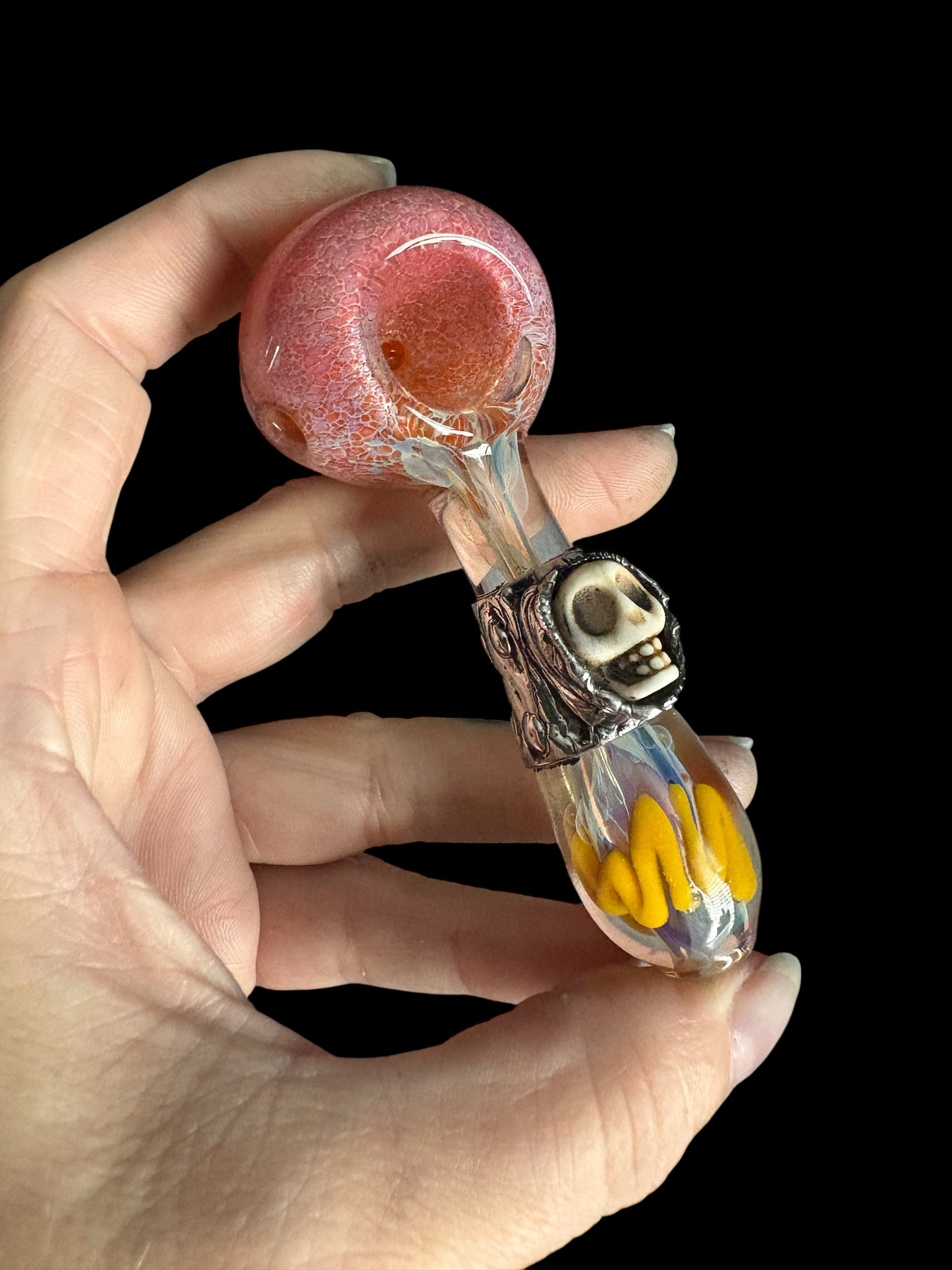 Stoned Alchemy -Ceremonial herb vessel(pipe)molten metal & howlite carved skull-