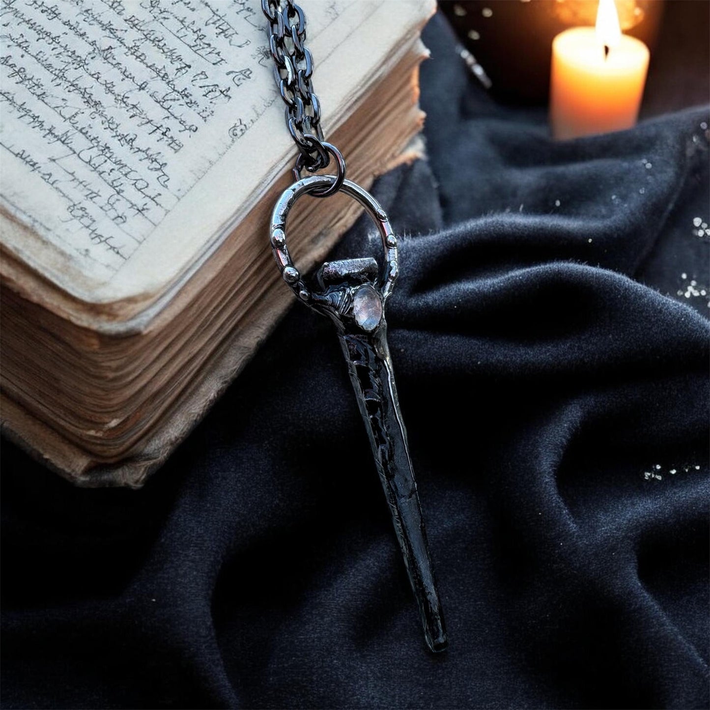 Hand crafted antique coffin nail Tiffany technique necklace with rainbow moonstone~