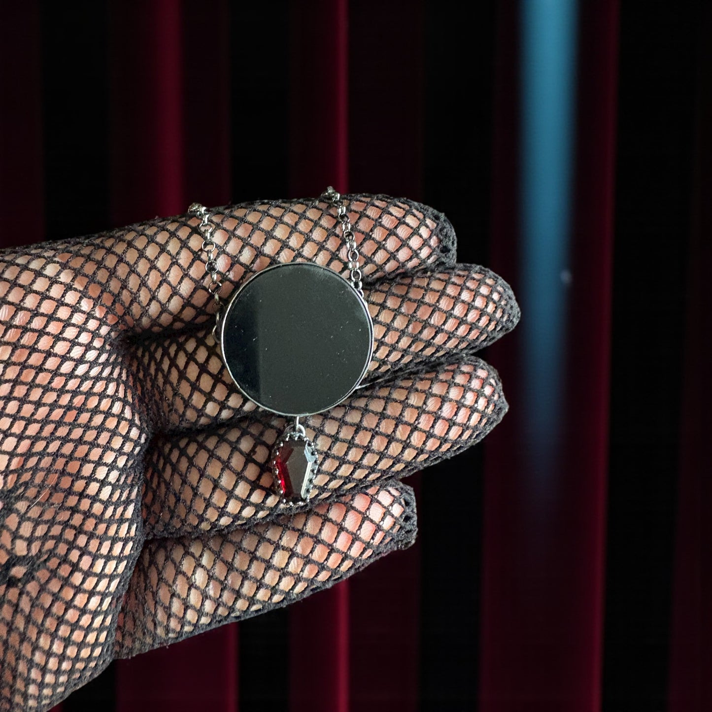 The Obsidian Veil-obsidian scrying mirror with coffin cut garnet Sterling silver necklace-