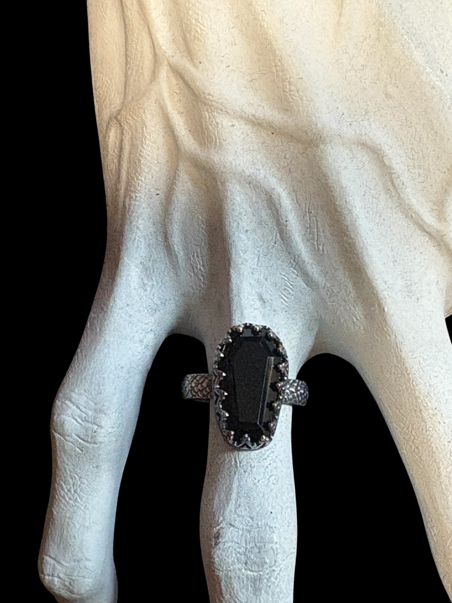 Haunted~Sterling and fine Silver coffin cut Obsidian ring size 9~