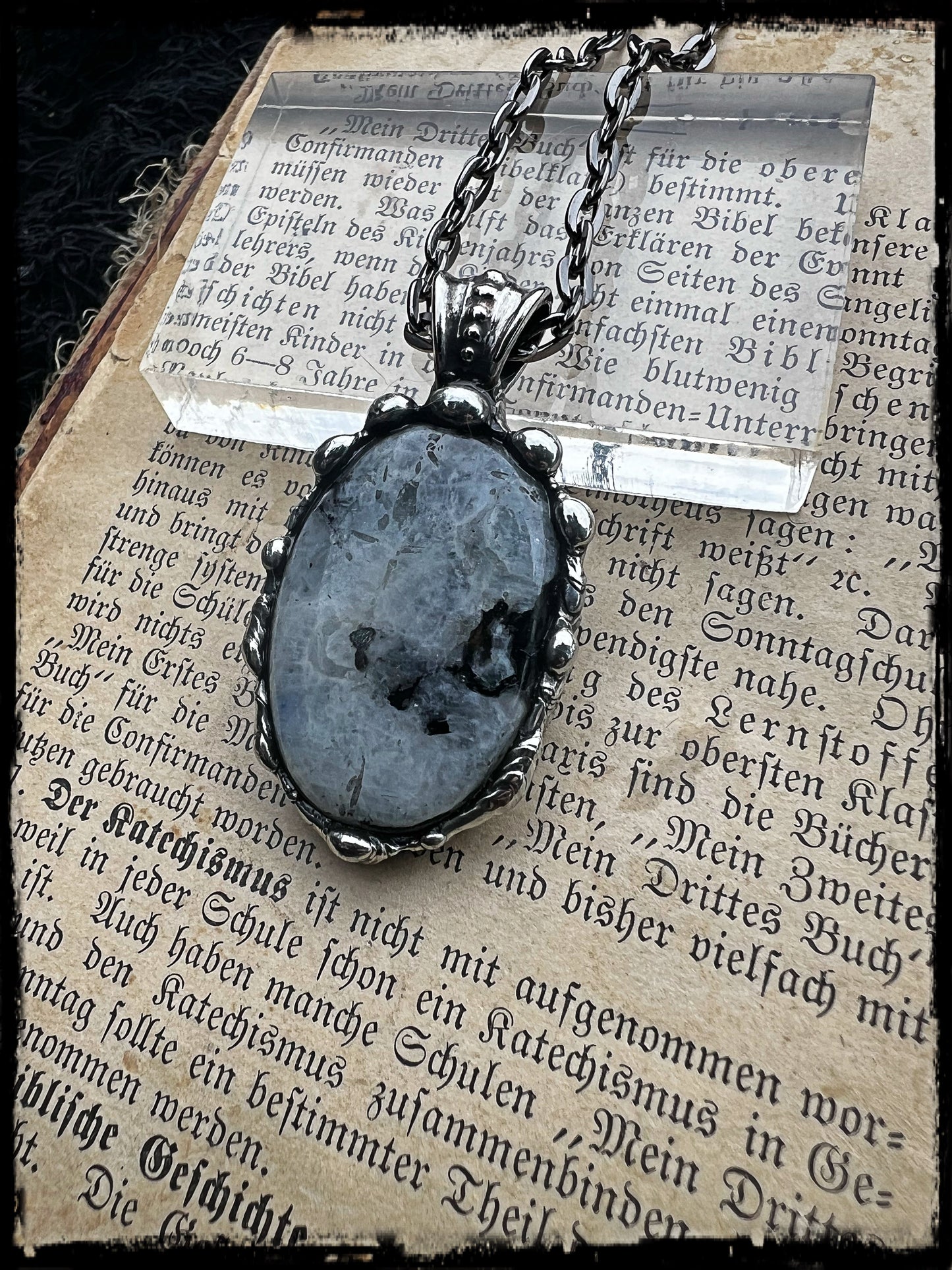 Hand crafted black tourmaline included moonstone Tiffany technique pendant necklace ~