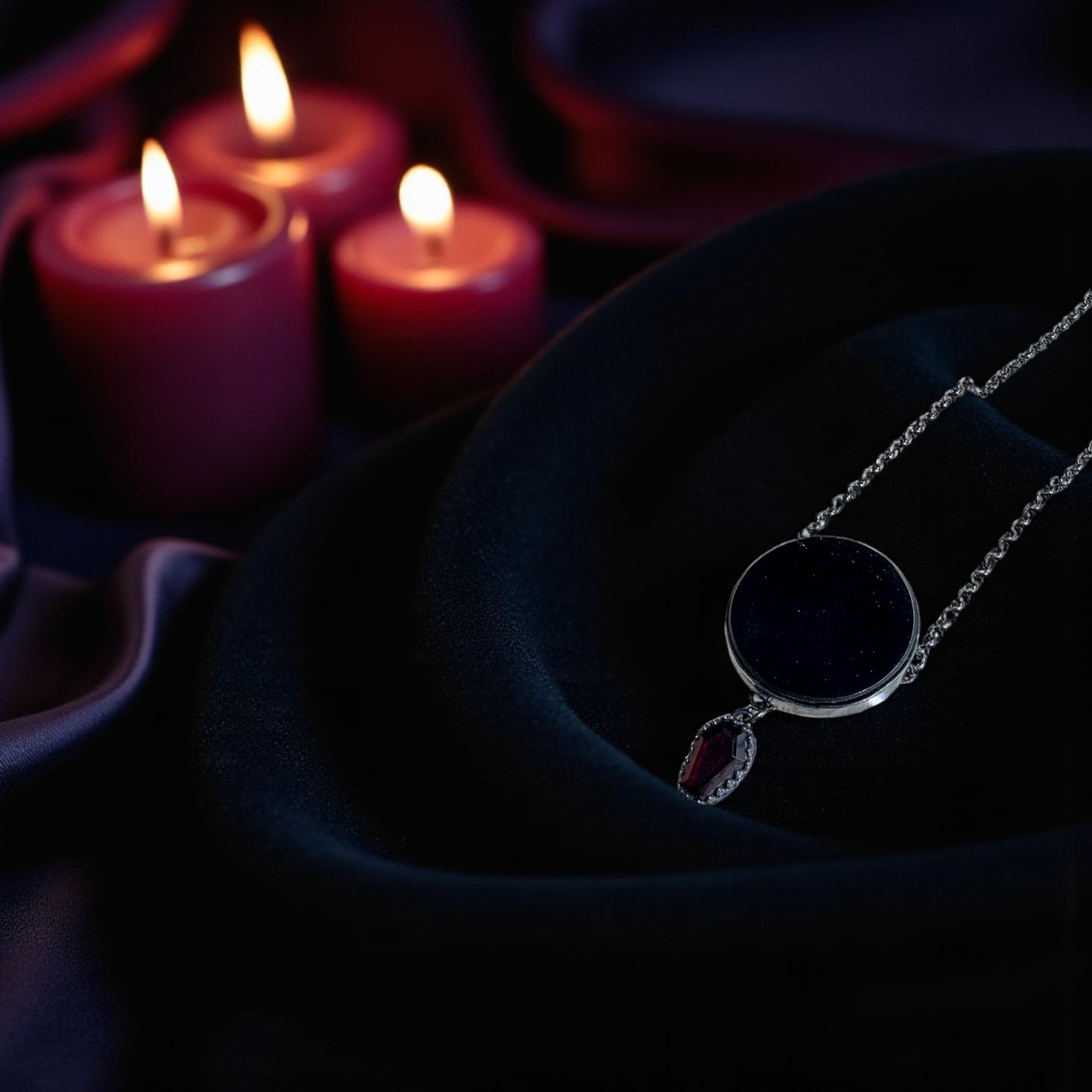 The Obsidian Veil-obsidian scrying mirror with coffin cut garnet Sterling silver necklace-