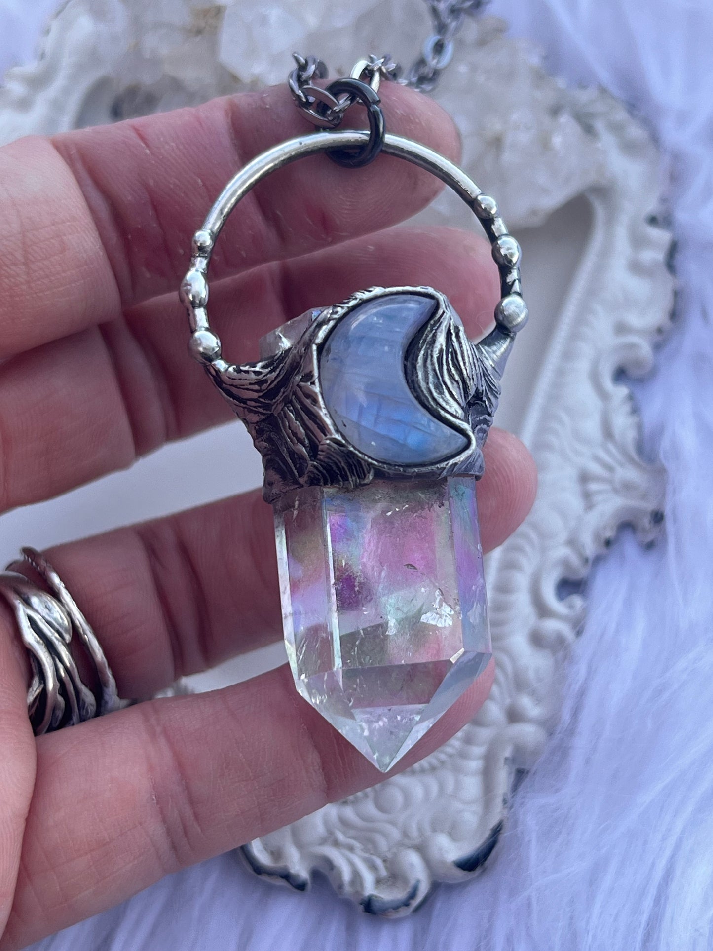 Celeste~Hand crafted Tiffany technique Opal Aura quartz & cresent cut moon cut rainbow moonstone Talisman necklace~