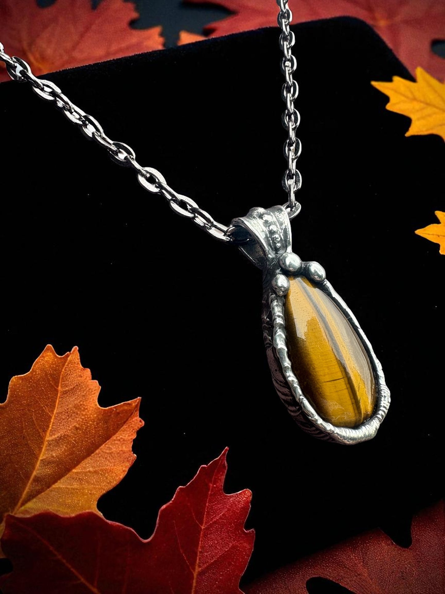 Hand crafted Tiffany technique, tiger eye amulet necklace~