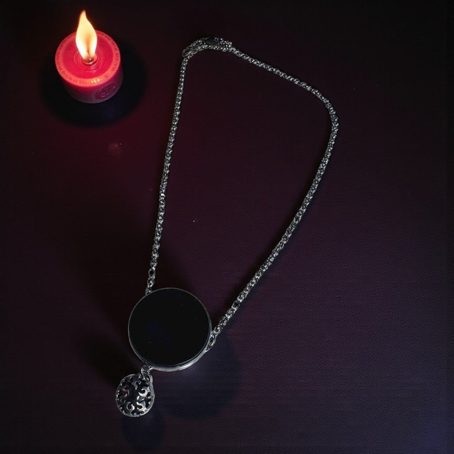 Midnight Flame Diviner -obsidian scrying mirror with garnet in flame bezel setting Sterling silver necklace-
