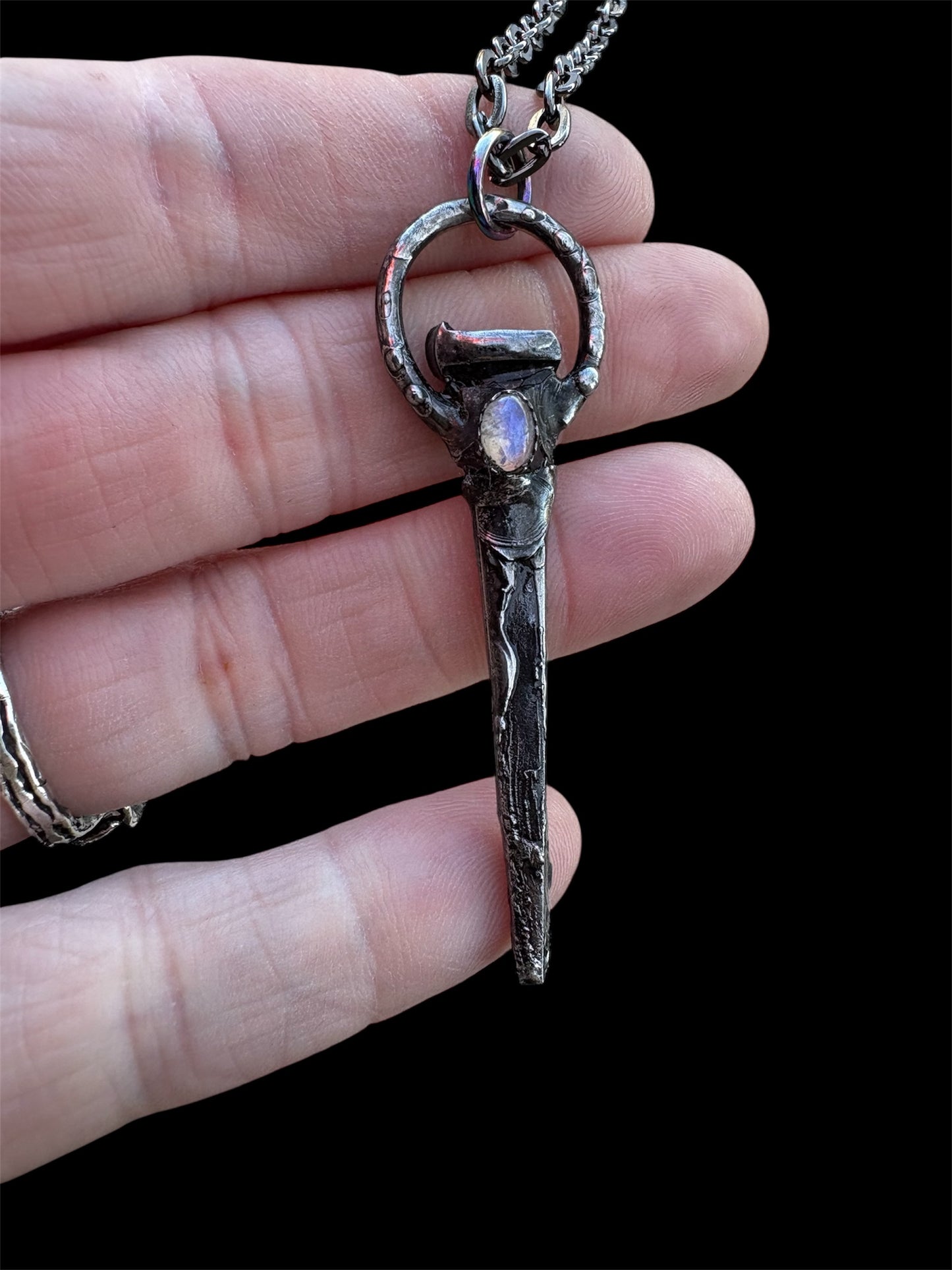 Hand crafted antique coffin nail Tiffany technique necklace with rainbow moonstone~