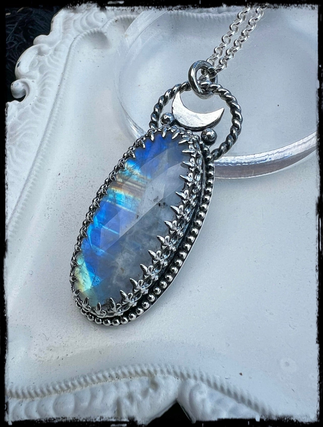 Under Moonlight~Hand crafted Sterling & fine silver rose cut rainbow moonstone crescent moon statement necklace ~