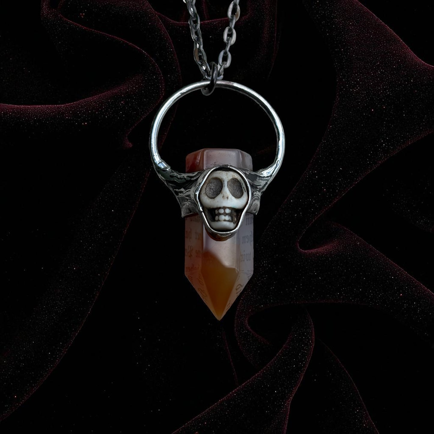 Handcrafted red carnelian and howlight carved skull crystal talisman necklace~