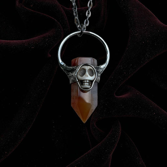 Handcrafted red carnelian and howlight carved skull crystal talisman necklace~