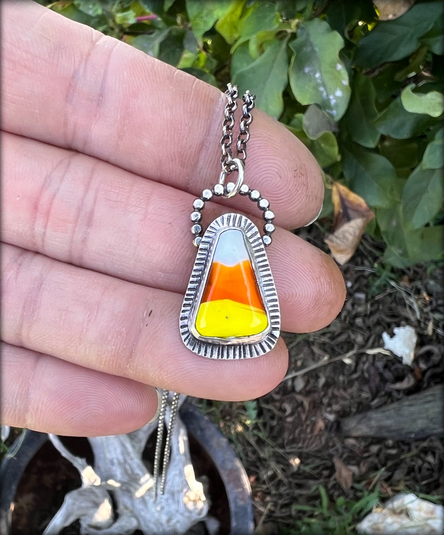 Trick or treat~Hand crafted Sterling silver Glass blown candy corn pendant  layering necklace~