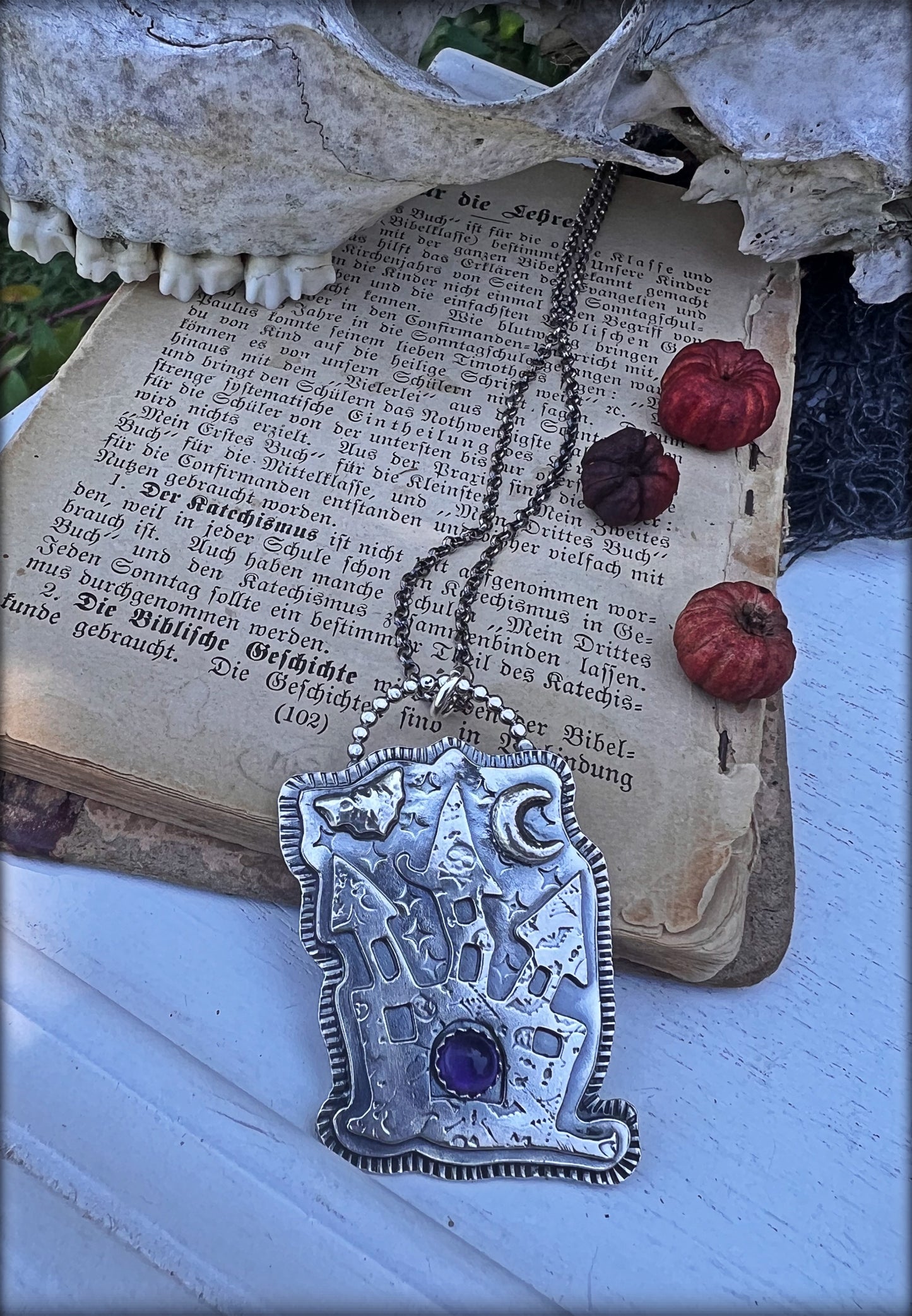 Haunted House~Hand crafted Sterling silver haunted house with amethyst necklace~