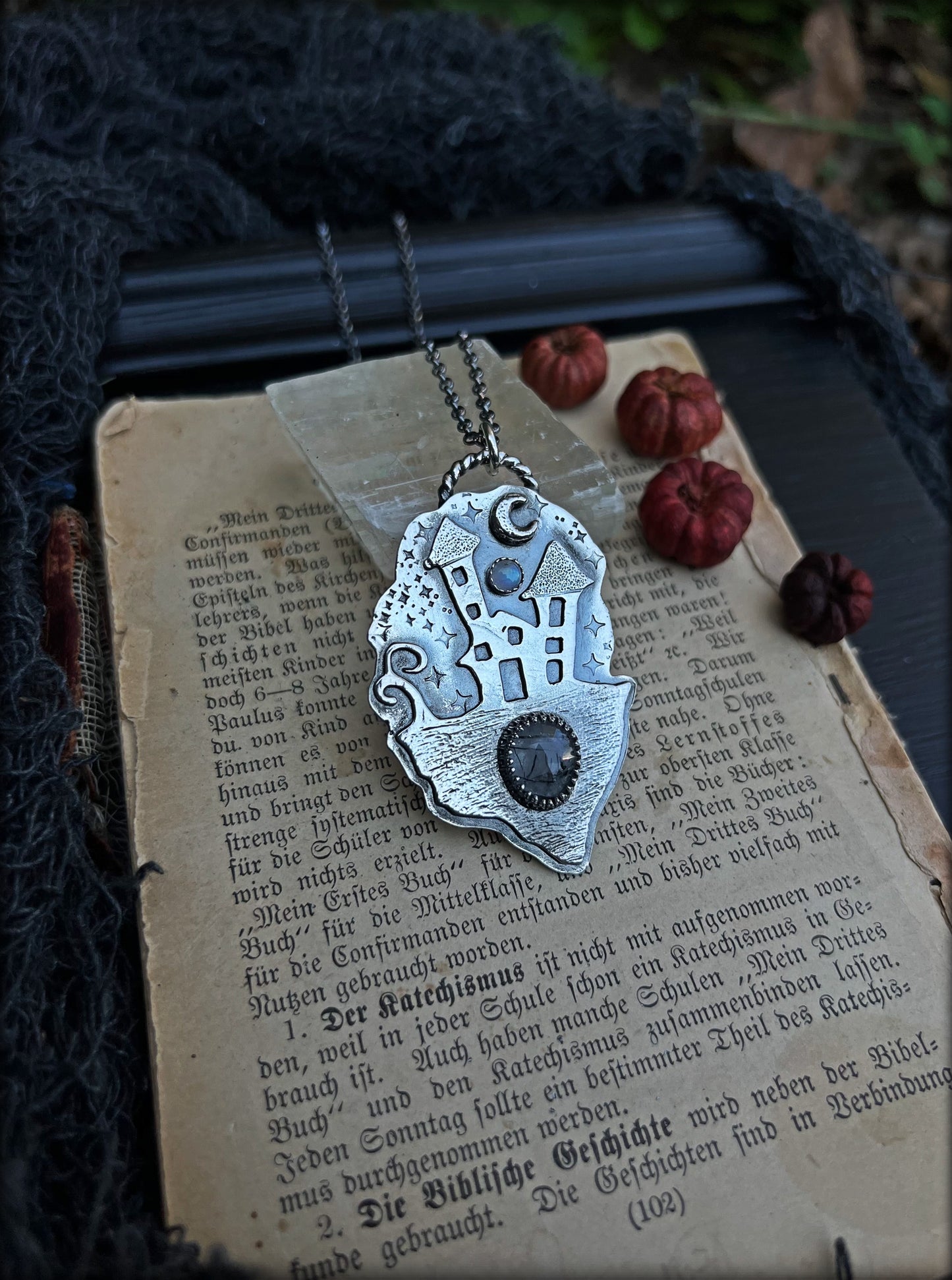 Haunted House~Hand crafted Sterling silver haunted house with rose cut black tourmaline included quartz & rainbow moonstone necklace~