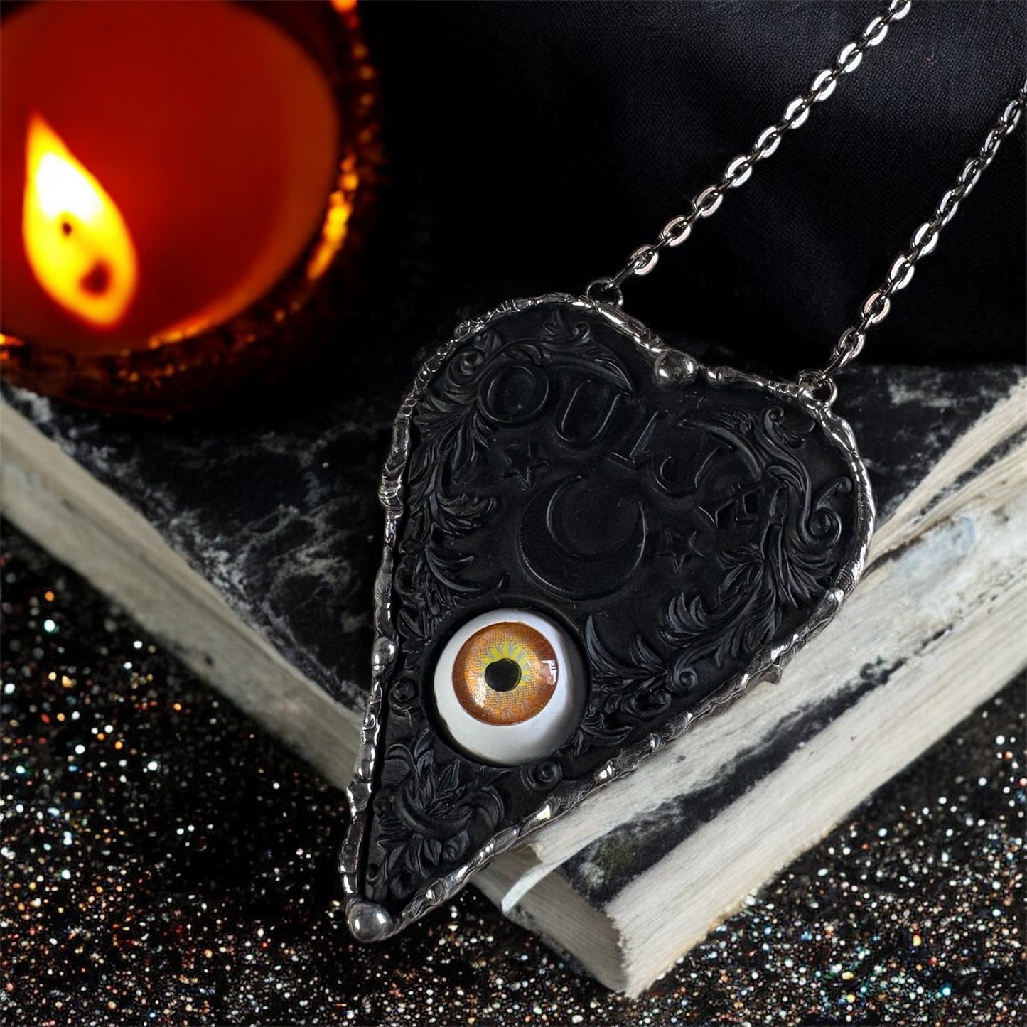 Oracle of the open eye ~Handcrafted resin Ouija board plancette with doll eye Tiffany technique necklace~