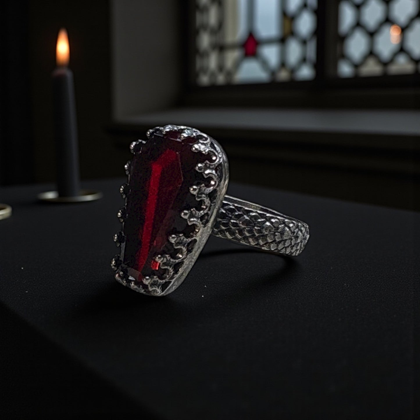 Haunted~Sterling and fine Silver coffin cut garnet ring size 6.5