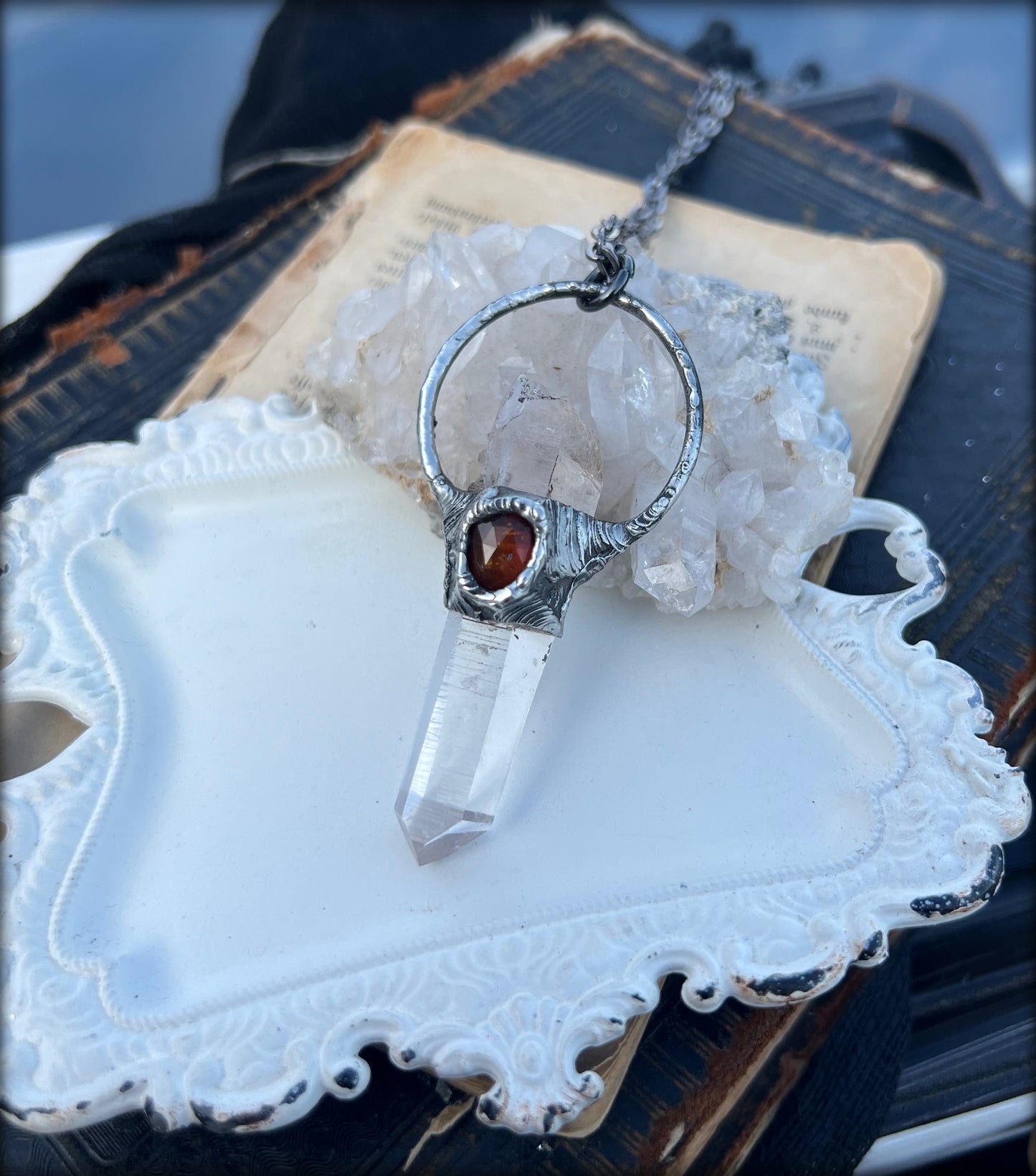 Thoth ~Hand crafted laser quartz  and rose cut orange kyanite crystal Talisman necklace ~