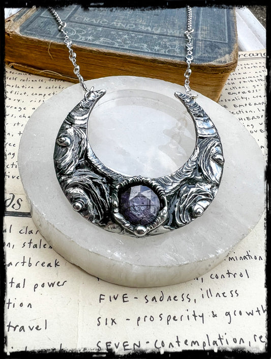 Lunar Ascension ~Cresent moon and rose cut raspberry sapphire statement necklace~
