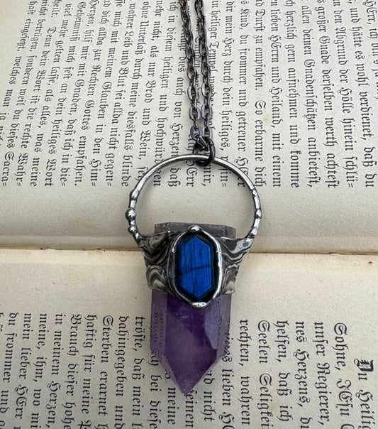 Handcrafted amethyst and blue labradorite crystal Talisman necklace-