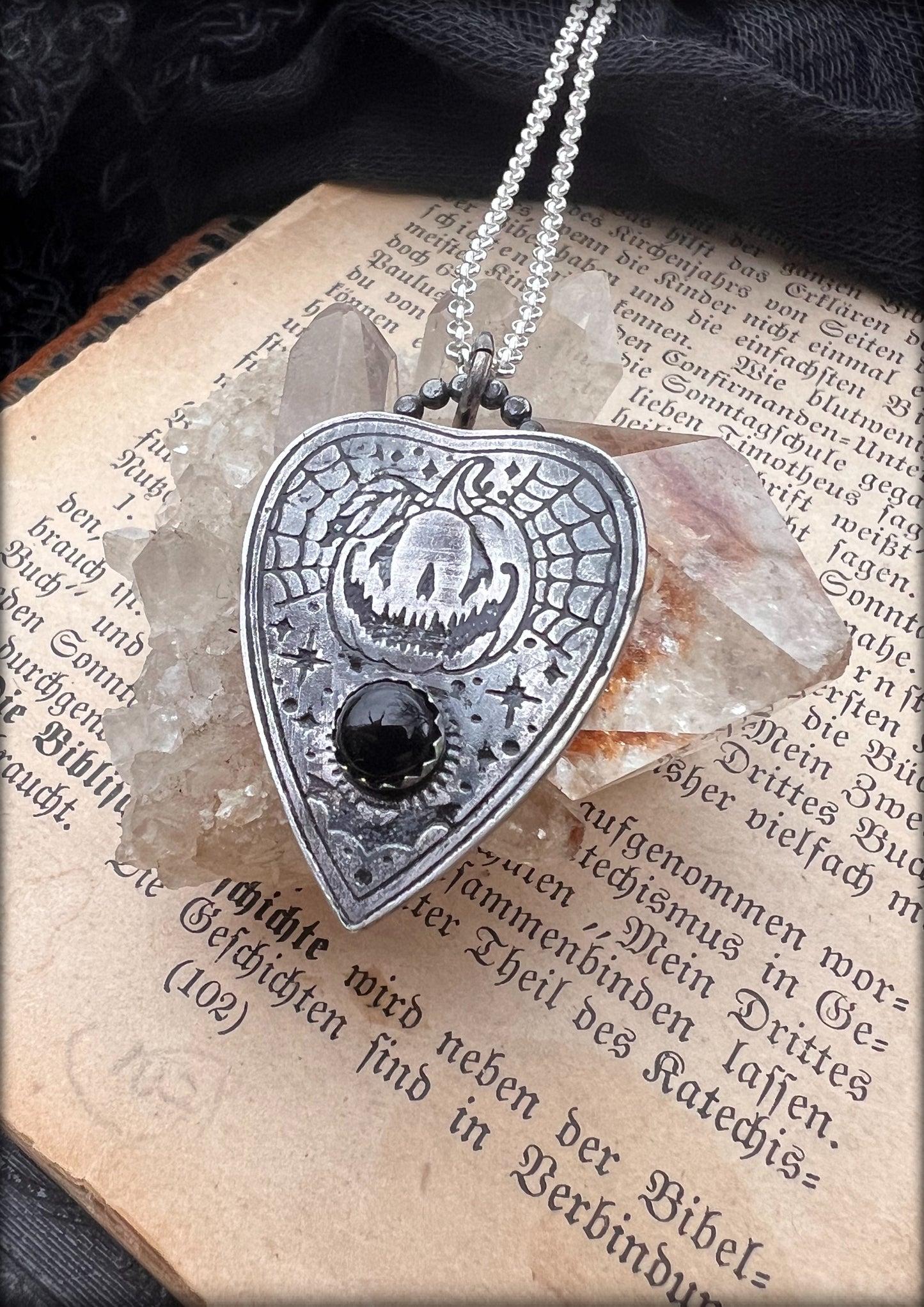Bone church~MEDIUM ~( spooky jack-o’-lantern with Onyx ) Sterling silver ouija board plancette necklace ~